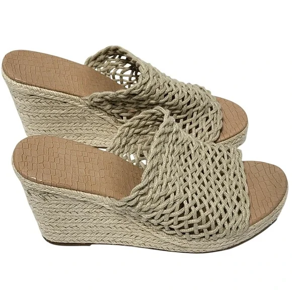 Woven Crochet Espadrille Wedge Sandals Beige Platform Mule Heels Womens 8 - Picture 1 of 7